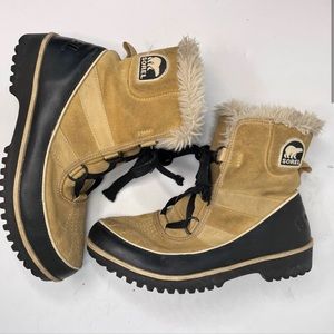 SOREL Tivoli II Waterproof Suede Leather Boots Tan Black faux Fur trim size 8.5